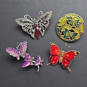 Lot of 4 Butterfly Brooches Rhinestone Enamel Filigree Statement Vintage Jewelry